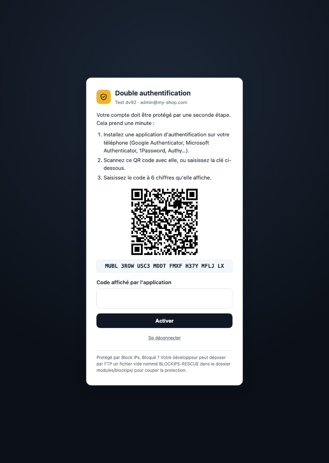 Page d'activation de la double authentification