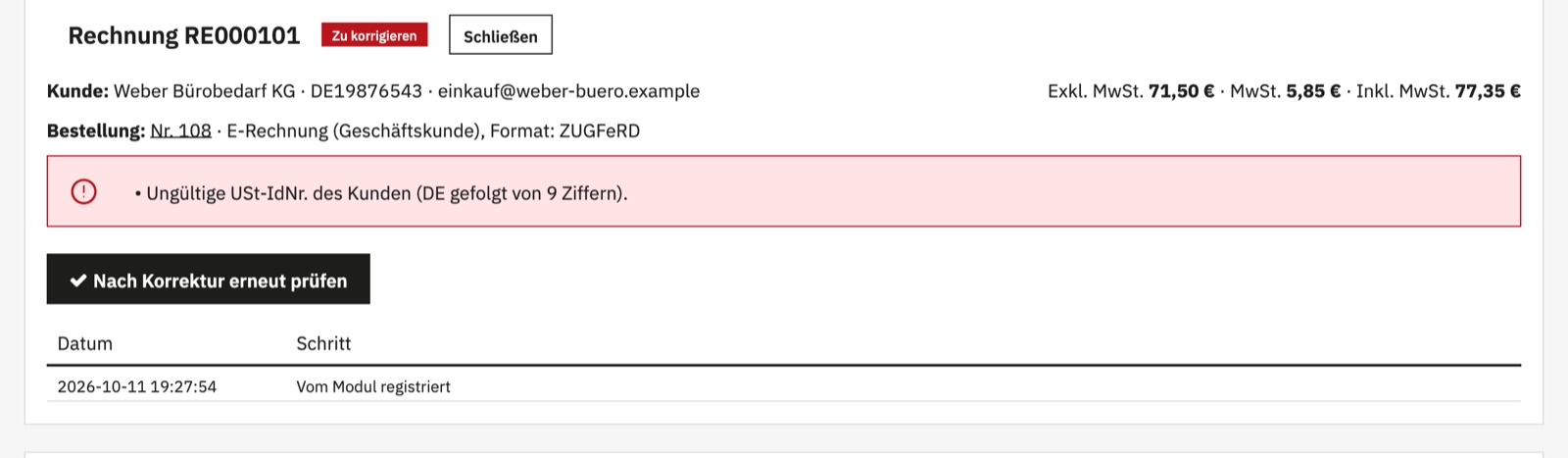 Erkannter Fehler vor dem Rechnungsversand per E-Mail