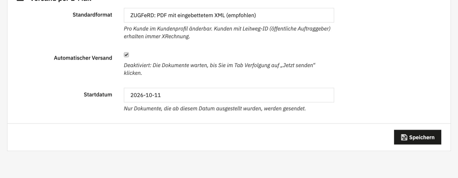 Einstellungen für den Versand elektronischer Rechnungen