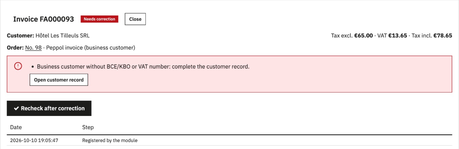 Issue detected before Peppol submission