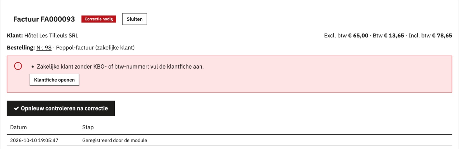 Gedetecteerde afwijking vóór Peppol-verzending