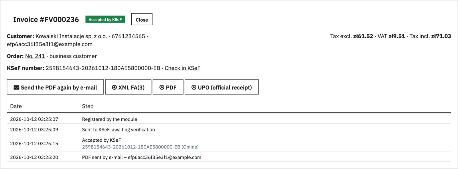 Invoice details with KSeF status