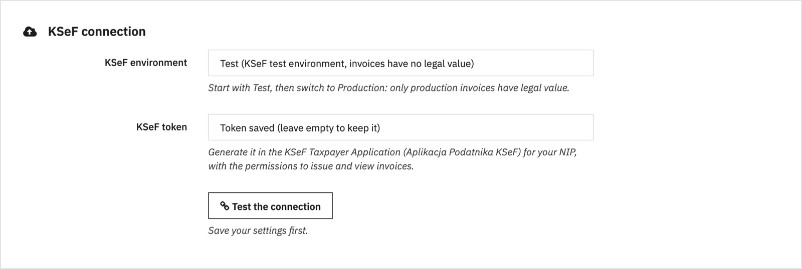 KSeF environment and token settings